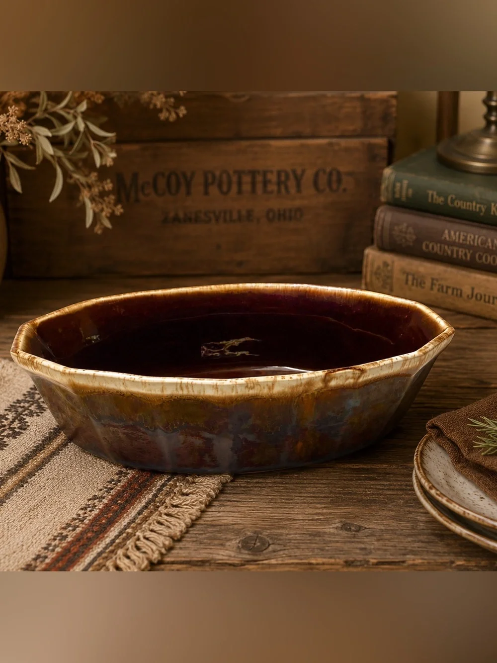 Vintage 1970’s McCoy Brown Drip Glaze Pottery Serving Bowl 10.5”X 7”X 2.5”